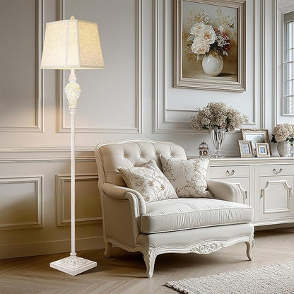 Floor Lamp for Living Room, Vintage Standing Lamp with Nightlight, 65" Tall Lamp with White Linen Shade, Farmhouse Rustic Floor Lamp for Bedroom, Office, Corner (LED Bulb Included)