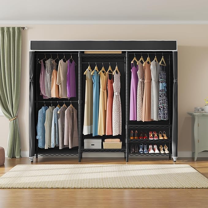 VIPEK V5C Heavy Duty Covered Clothes Rack Portable Bedroom Armoires Rack, Black Metal Clothing Rack with Black Cover, Adjustable Custom Freestanding Closet Wardrobe, Max Load 800LBS