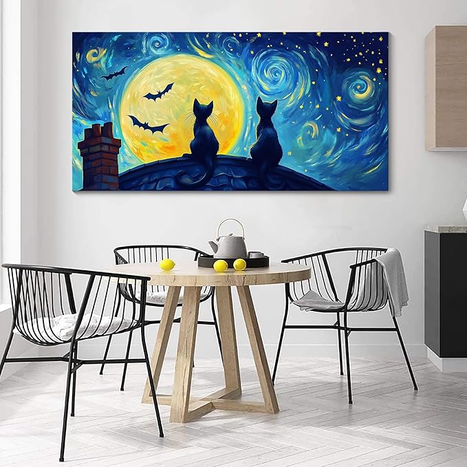 CHATYOUNG Large Living Room Wall Art, Abstract Starry Night Cat Animal Canvas Prints Dark Blue Wall Pictures Ready to Hang Bedroom Kitchen Hallway Home Office Artwork Painting Decor 29x58 IN