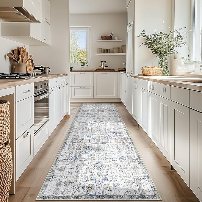 jinchan Runner Rug 3x8 Washable Hallway Rug Vintage Indoor Thin Retro Floor Cover Distressed Floral Country Lightweight Non Slip Carpet for Entryway Bathroom Kitchen Bedroom Living Room Stairway Blue