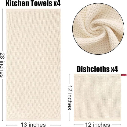 Kitinjoy 100% Cotton Kitchen Towels and Dishcloths Set, 12 Pack Waffle Weave Dish Towels Ultra Soft Absorbent Quick Drying Dish Rags, 13 x 28 Inch and 12 X 12 Inch, Beige