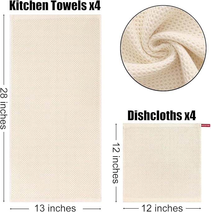 Kitinjoy 100% Cotton Kitchen Towels and Dishcloths Set, 8 Pack Waffle Weave Dish Towels Ultra Soft Absorbent Quick Drying Dish Rags, 13 x 28 Inch and 12 X 12 Inch, Beige
