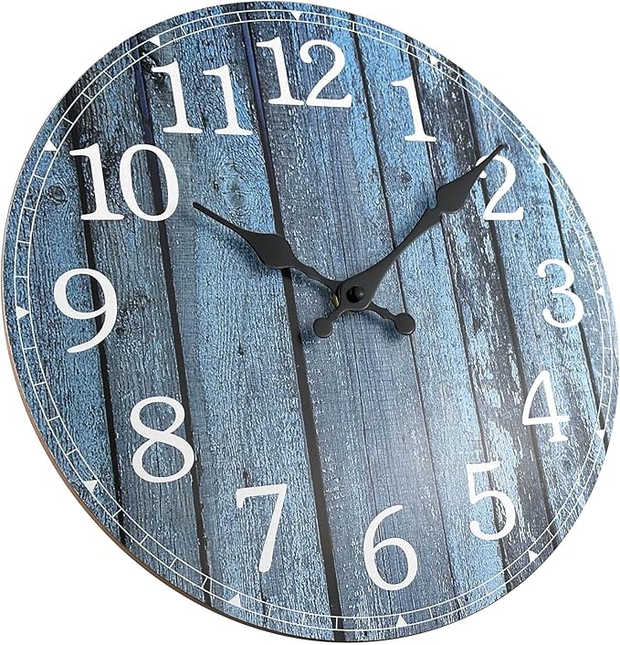 Plumeet Small Wall Clock, 10'' Frameless Wooden Wall Clocks with Silent Quartz Movement, Rustic Coastal Country Village Clocks Decorative for Kitchen Bedroom Living Room, Blue