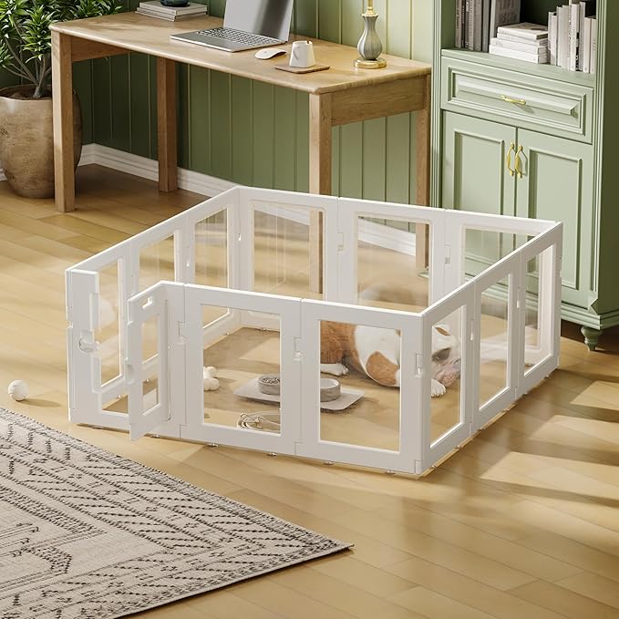Clear Acrylic Dog Playpen Indoor, Puppy Cat Small Pet Play Pen, Easy Assemble & Disassemble Sturdy Plastic Dog Fence with Heavy Duty Door Lock (24In H, 12Panels), White