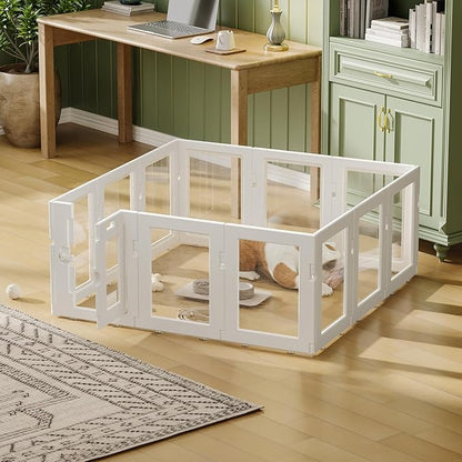 Clear Acrylic Dog Playpen Indoor, Puppy Cat Small Pet Play Pen, Easy Assemble & Disassemble Sturdy Plastic Dog Fence with Heavy Duty Door Lock (24In H, 12Panels), White