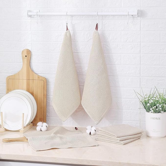 Kitinjoy 100% Cotton Kitchen Dish Cloths, 12 Pack Waffle Weave Ultra Soft Absorbent Dish Towels for Drying Dishes Quick Drying Kitchen Towels Dish Rags, 12 X 12Inch, Beige