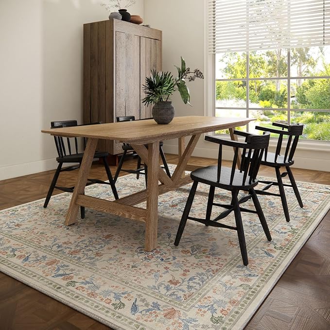9x12 Area Rugs for Living Room: Washable Bedroom Rug Vintage Area Rug Stain Resistant Non Slip Low Pile Lightweight Soft Carpets for Dining Room Kitchen Nursery Kids Room Farmhouse