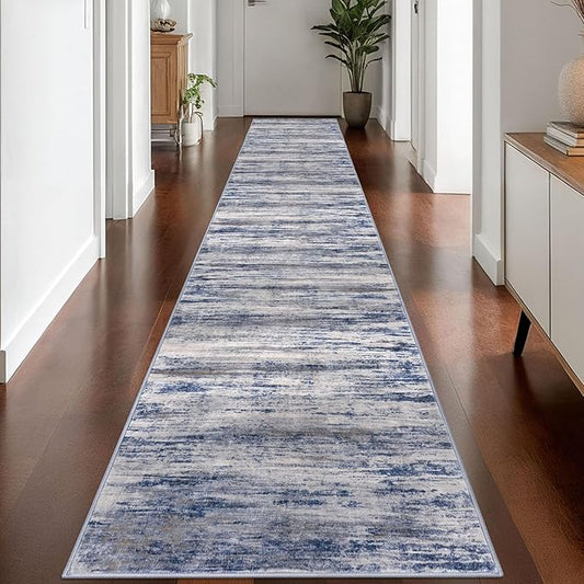 KOZYFLY Modern Abstract Washable Rug Runner 2.6x16 Hallway Rug Runner Non-Slip Soft Kitchen Runner Rugs, Grey-Blue Striped Carpet for Entryway Bathroom Laundry Room Foyer