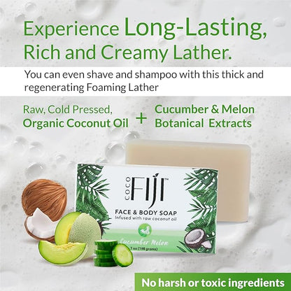 Coco Fiji Soap Bar for Face and Body Infused With Organic Coconut Oil, Cucumber Melon, Essential Oil, Natural Soap for Moisturizing & Pore Purifying Skin, 7 oz,Pack of 2