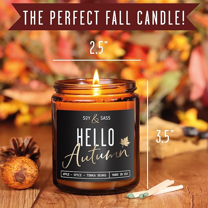 Fall Candles - ‘Hello Autumn’ Soy Fall Candle w/Apple, Cinnamon & Nutmeg I Infused with Essential Oils I Autumn Scented Candles I Cozy Décor Gifts I 9oz Jar I 50Hr Burn I Made in USA