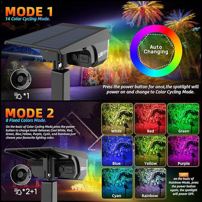 Color Solar Light Outdoor Waterproof Spotlights with 9 Light Modes, Color Changing Solar Outdoor Light for Decorate Festivals, Colored Spot Lights Auto On/Off, RGBW Landscape Lights