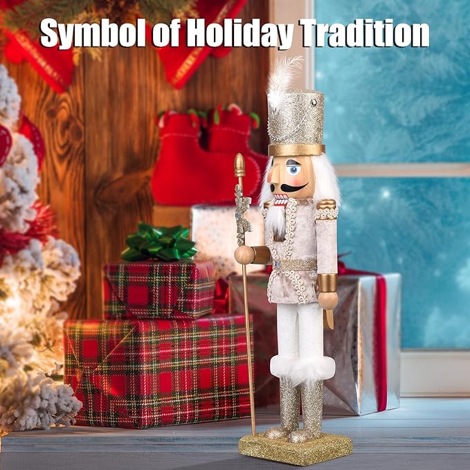 Wooden Christmas Soldier Nutcracker Decorations, 15 Inch Nutcracker Figure Christmas Decor for Shelves and Tables (Silver)