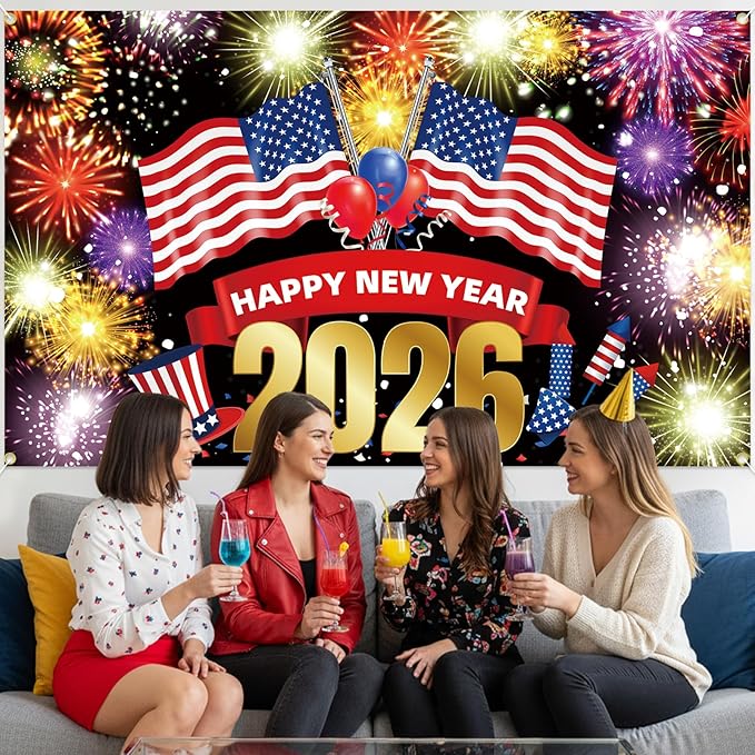 Happy New Year Banner 2026 72x44 Inch Illuminated Firework Design New Years Eve Party Decorations Holiday Celebration Banner Props Backdrop