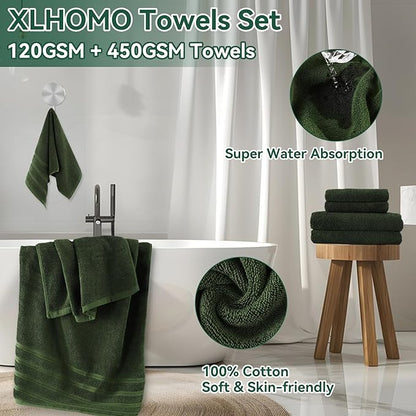 Dark Green Bathroom Accessories, 24 Pieces Green and Gold Bathroom Accessories Set with Shower Curtain, Bath Towels, Trash Can, Soap Dispenser and Soap Dish for Bathroom/Housewarming