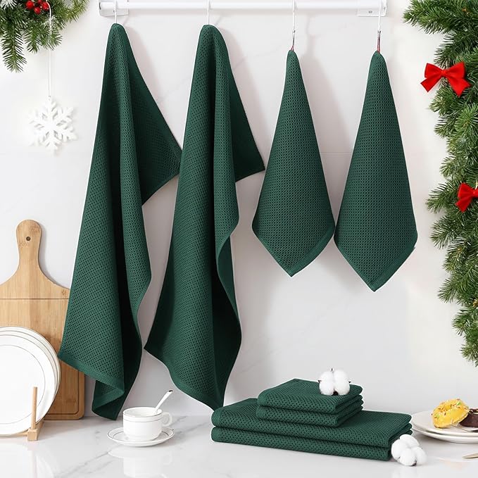 Homaxy 100% Cotton Kitchen Towels and Dishcloths Set, 12 x 12 Inches and 13 x 28 Inches, Set of 16 Bulk Kitchen Towels Set, Ultra Soft Absorbent Dish Cloths for Washing Dishes, Blackish Green