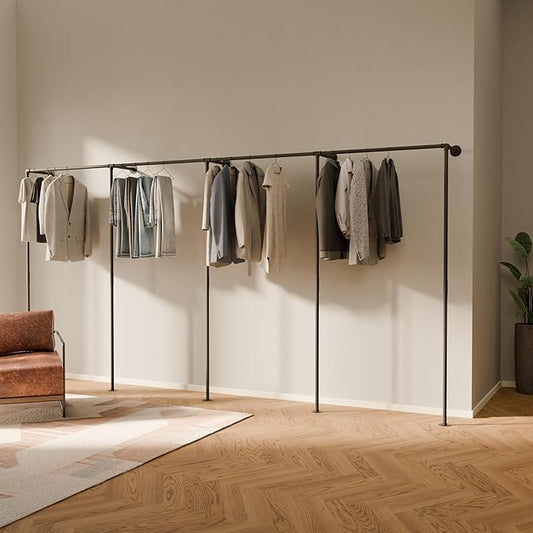 pamo Industrial Pipe Clothing Rack - 795 lbs Capacity - Wall Mounted Clothes Rack and Walk In Closet for Wardrobe