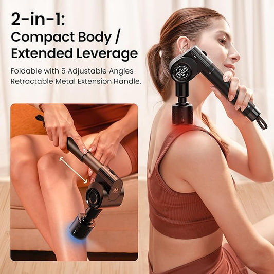 NAPRE Massage Gun with Heat and Cold Head,Deep Tissue Percussion Back Massager for Muscle/Neck/Body Pain Relief with Long Extension Retractable Handle,32-Speeds,Foldable with 5 Adjustable Angles