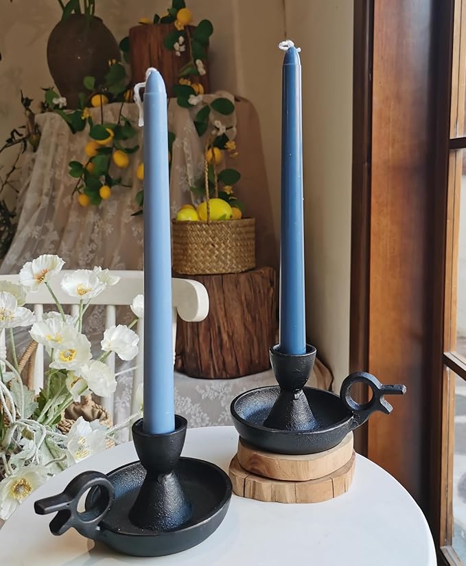 Iron Taper Candle Holders Set of 2, Black Metal Candlestick for Table Centerpieces, Wedding Decor and Dinner Party (Handle)