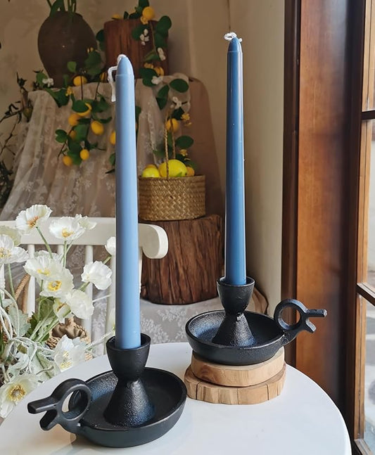Iron Taper Candle Holders Set of 2, Black Metal Candlestick for Table Centerpieces, Wedding Decor and Dinner Party (Handle)