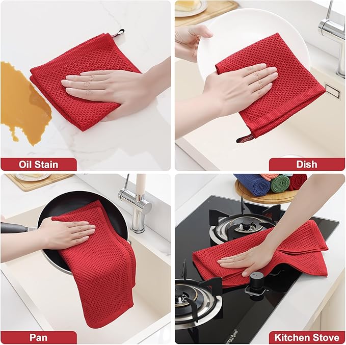 Homaxy 100% Cotton Kitchen Towels and Dishcloths Set, 12 x 12 Inches and 13 x 28 Inches, Set of 8 Bulk Kitchen Towels Set, Ultra Soft Absorbent Dish Cloths for Washing Dishes, Red