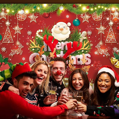 7x5FT Merry Christmas Banner - Santa Claus & Reindeer Background - Red Xmas Party Backdrop for Kids