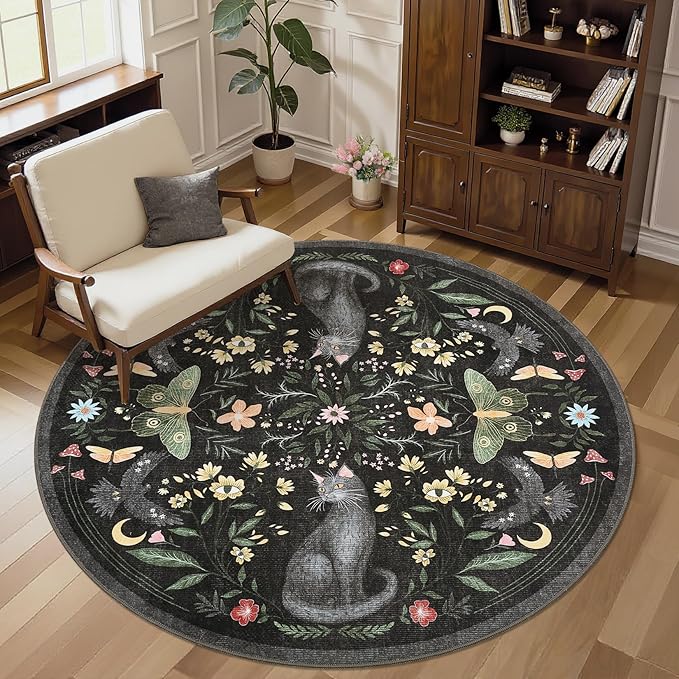 GarveeHome Round Area Rugs 5ft for Bedroom, Cat Black Washable Circle Rug Soft Non Slip Mushroom Floral Floor Mat Carpet Indoor Thin Rug for Bedroom Dining Room Playroom Nursery Gothic Decor