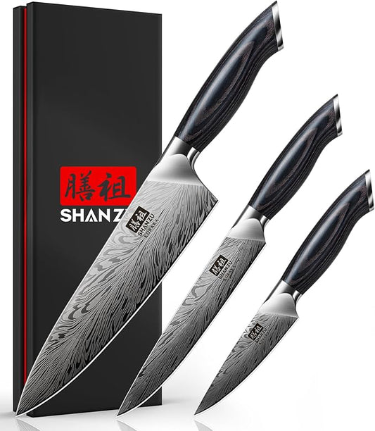 SHAN ZU 3PCS Kitchen Knife Set,Chef Knife Sets in Powder Steel, Ultra Sharp Japanese Knives Set High Carbon Steel Knives Sets, Cooking Knives Set with Ergonomic Pakkawood Handle
