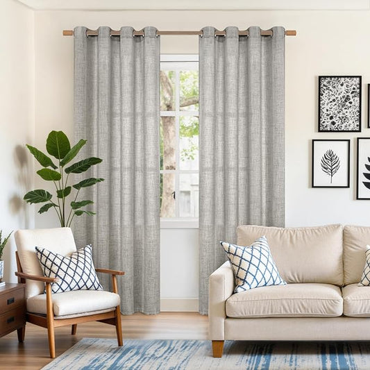 YoungsTex Dark Grey Linen Curtains for Living Room 52 X 80 Inch Length, Semi Sheer Drapes Light Filtering with Bronze Grommet for Bedroom Office Farmhouse Dining, 2 Panels
