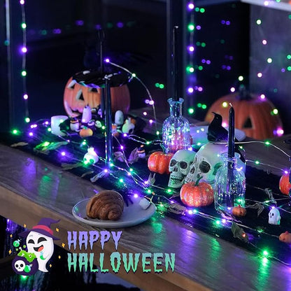JMEXSUSS Halloween Lights Battery Operated, 2 Pack 100 LED 33ft Halloween Fairy Lights with Remote, 8 Modes Twinkle String Light for Fireplace Porch Tree Centerpiece Wreath Decor, Purple and Green
