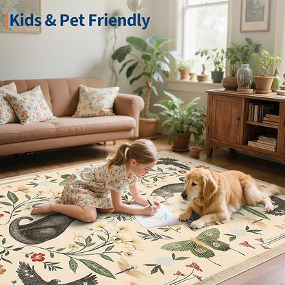 GarveeHome 4x6 Cat Washable Area Rug for Nursery Room, Mushroom Floral Beige Bedroom Rug Non Slip Low Pile Butterfly Carpet Stain Resistant Throw Rug for Dorm Kids Room Office Dining Room