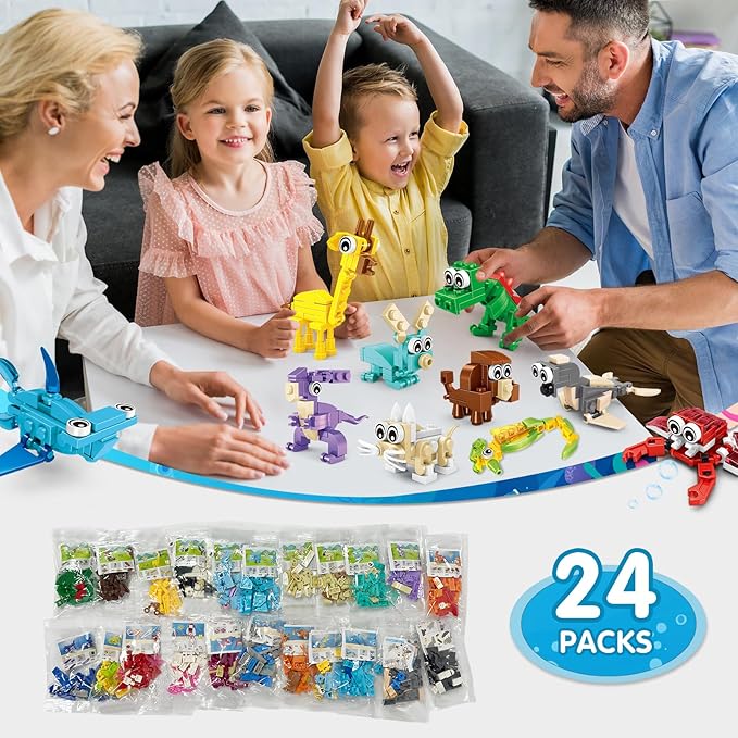 24 Pcs Animal Building Sets 24 Packs Valentines Party Favors For Kids, 72 Kinds of Transformable Building Block Toy, Goodie Bag Stuffers, Classroom Student Prizes Birthday Gifts for Kid Age 6+