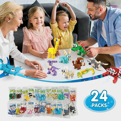 24 Pcs Animal Building Sets 24 Packs Valentines Party Favors For Kids, 72 Kinds of Transformable Building Block Toy, Goodie Bag Stuffers, Classroom Student Prizes Birthday Gifts for Kid Age 6+