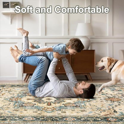 Area Rugs for Living Room 10x14 - Extra Large Machine Washable Vintage Oriental Soft Rug, Low Pile Thin Carpet with Non Slip Backing for Bedroom, Dorm, Dining Room, Indoor House, Office
