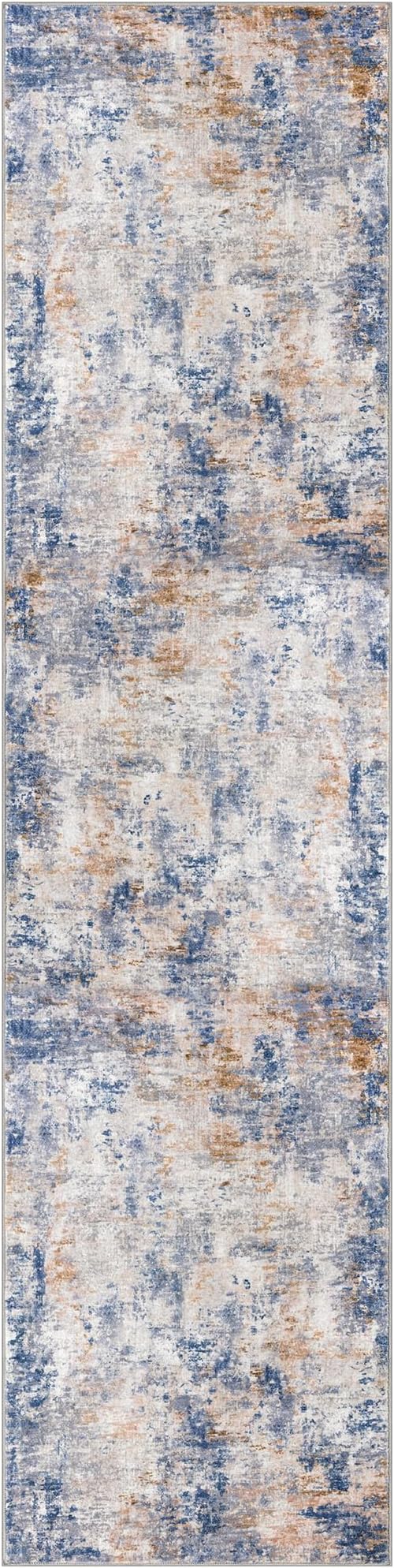 Modern Abstract Hallway Runner Rug, Grey Blue Orange Multi 2x8 Runner Rug, Washable Kitchen Runner Non-Slip Soft Thin Print Faux Wool Carpet for Entryway Bedroom Laundry Room Indoor