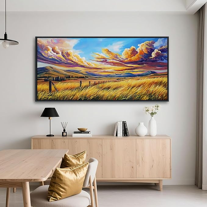 QZQCBLC Large Framed Wall Art, Rustic Grass Mountain Clouds Yellow and Blue Fall Landscape Canvas Print Wall Pictures Paintings Artwork for Living room Bedroom Home Office Artwork Decor 29x58 IN