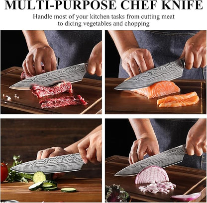 Sunnecko Chef Knife 8 inch,High Carbon Stainless Steel Kitchen Knife,Ultra Sharp Gyutou Cutting Knife with Sheath and Gift Box for Family & Restaurant