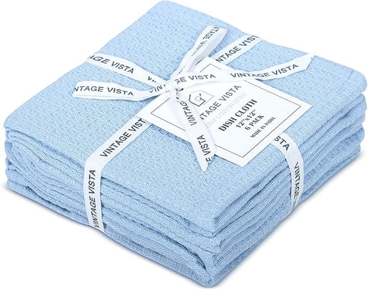 Vintage Vista 100% Cotton Waffle Dish Cloths (Pack of 6) - Dish Rags for Washing Dishes - Reusable & Highly Absorbent Kitchen Towels - Kitchen Rags for Christmas - (12" x 12" - Light Blue)