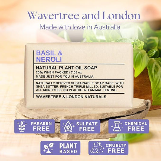 Wavertree & London Basil & Neroli Scented 100% Natural Soap Bar, 7oz Moisturizing French Triple Milled Soap Bar for Women & Men Enriched with Shea Butter, Pure Bath & Body Soap (1 Bar)