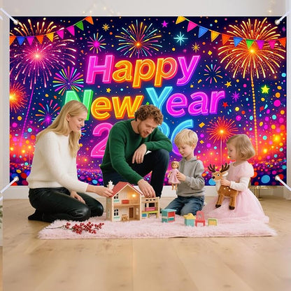 Nuxovilar Happy New Year 2026 Banner, Colorful Backdrop for Party Decorations, 71x43 Inch