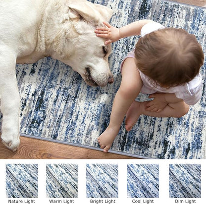 Modern Abstract Runner Rug 2x12, Grey Blue White Washable Long Kitchen Runner Non-Slip Soft Hallway Rug Runner Thin Print Faux Wool Carpet for Entryway Bedroom Laundry Room Indoor Home Decor