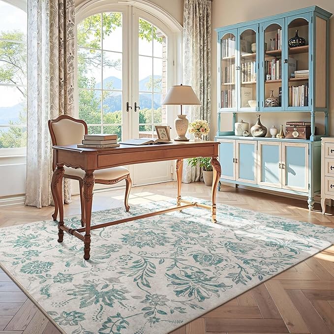 jinchan Floral 5x7 Area Rugs Vintage-Inspired Design Accent Rug Machine Washable Ultra Thin Low Pile Non-Slip Traditional Carpet for Living Room Bedroom Dining Room Home Office
