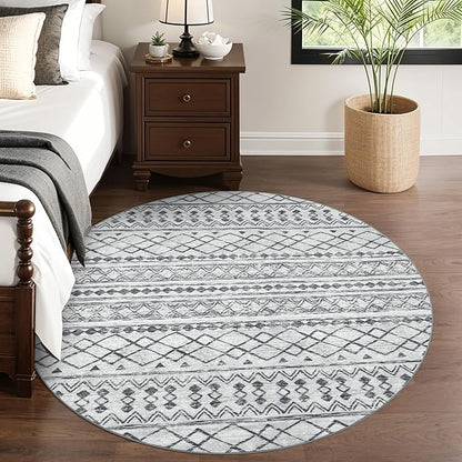 KUTA Boho Round Area Rugs 6Ft Grey Moroccan Circle Washable Rug Non-Slip, Soft Distressed Geometric Low-Pile Throw Carpet for Living Room Bedroom Nursery Dorm Decor