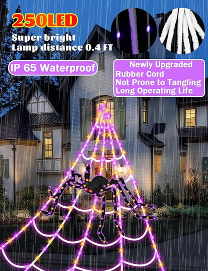 Giant Spider Webs Halloween Decorations - 250 LEDs Outdoor Halloween Decor Lights,16.4FT Net, 4Ft Light-up Spider, 8 Modes,Waterproof & Timer for Yard Porch Garden,Outside Costumes Party (with Spider)