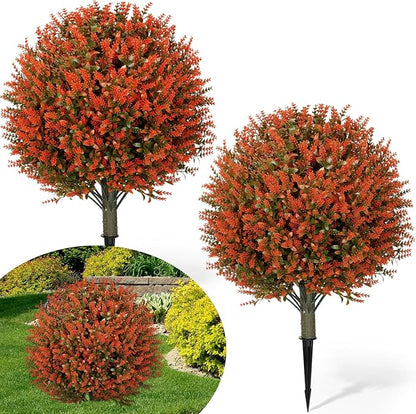 24 Fall Artificial Topiary Ball Trees with Flowers Set of 2, Outdoor Fake Topiary with Ground Spike, UV Resistant Faux Artificial Plant Bush for Indoor Front Porch Garden(2 Pack, Golden)