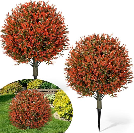 24 Fall Artificial Topiary Ball Trees with Flowers Set of 2, Outdoor Fake Topiary with Ground Spike, UV Resistant Faux Artificial Plant Bush for Indoor Front Porch Garden(2 Pack, Golden)