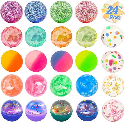 Bouncy Balls for Kids 24 Pieces 7 Styles 32 mm Assorted High Bouncing Balls Toys for Birthday Parties, Party Favors and Gifts Classroom