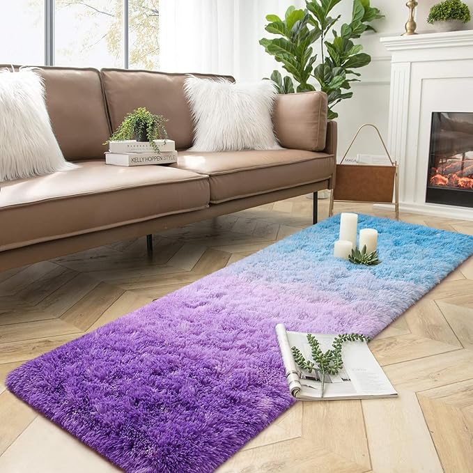 DweIke Luxury Shaggy Runner Rugs for Bedroom, 2x6 Feet Fluffy Runners Carpet for Girls Boys Kids, Non-Slip Extra Comfy Plush Bed Beside Rug for Living Room Nursery Home Decor, Purple and Blue