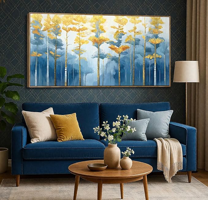 ARTZON Oversized Framed Wall Art Large Modern Abstract Blue Yellow Birch Tree Canvas Print Decorative Forest Picture Horizontal Landscape Artwork for Living Room Office Bedroom Over Bed Decor 58"x29"