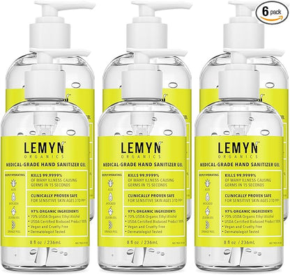 Medical Grade Hand Sanitizer Gel - 97% ORGANIC - 8 FL.OZ. with PUMP (PACK OF 6)
