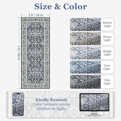 Dark Blue 2x5 Rug Runners for Hallways, Non Slip Machine Washable Kitchen Runner, Low Pile Lightweight Carpet Runner for Entryway/Bathroom/Corridor/Laundry Room, Transitional Floral Trellis
